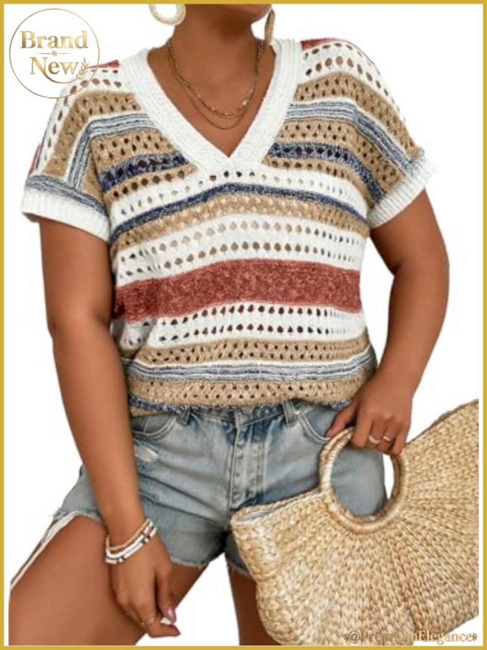 Plus Size Crochet Knit Sweater V-Neck Short Sleeve Hollow Out Striped Casual